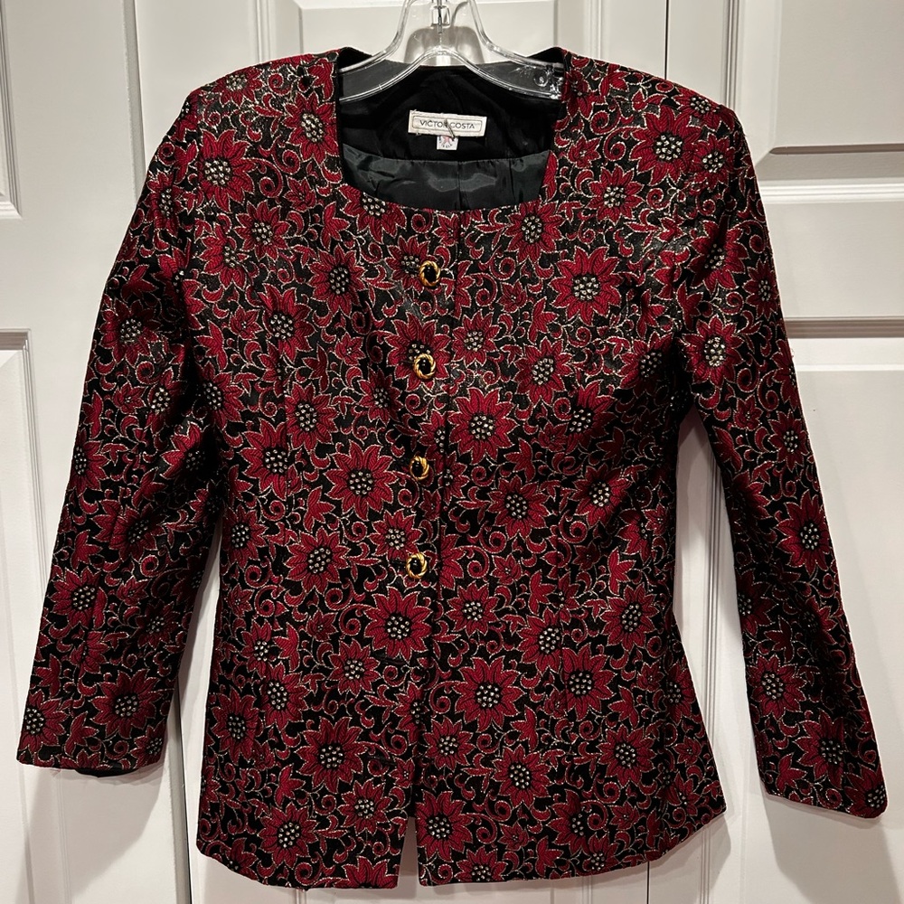 Vintage Victor Costa Women's Floral Jacket - Red and Black 8 UC